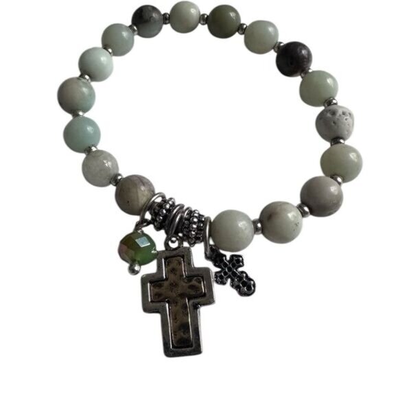 Eden Merry Beaded Stretch Bracelet Cross Charms Accent Bead Charm Silver Beads - Picture 1 of 9